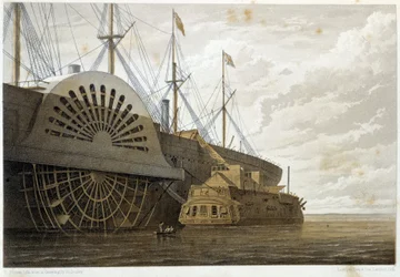 Den gamla fregatten med sin kabelfrakt längs med "" GreatEastern"" vid Sheerness - i "" The Atlantic telegraph"" av W. H. Russel, ca. 1860
