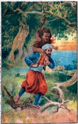 Havets gamle man. Sinbads (Sindbad) sjömannens underbara äventyr. Populär berättelse om 1001 nätter (tusen och en natt). Kromolitografi från slutet av 1800-talet.