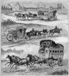 Den gamla resevagnen, 1600-talets resevagn, 1700-talets resevagn och flit inför järnvägen. Gravyr i ""La nature"" från 1888.