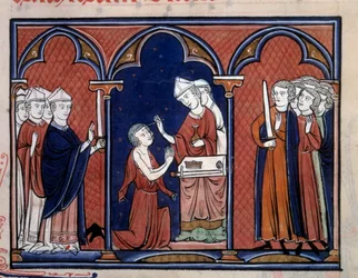 Ordo för den heliga representationen av ritualen att smörja kungen (troligen Ludvig IX (Saint Ludvig) (1214-1270)). Miniatyr hämtad från "" Order of Consekration and Coronation of the Kings of France"" 1250 runt Paris, B.N.