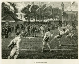 Palmspelet har Franeker (Nederländerna). Gravyr för att illustrera historien La Frise, baserad på ett förhållande från en holländsk tidning, i le tour du monde 1886, regisserad av Edouard Charton (1807-1890), Hachette, Paris.