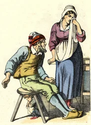 Föräldrarna till Little Poucet bestämde sig för att överge sina barn i skogen. Illustration av berättelsen "" Le Pepetit Poucet"" av Charles Perrault