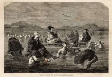 Passage av en gue, med presentation av sätten att transportera passagerare och bagage. Gravyr för att illustrera resan till Japan, 1863-1864, av Aime Humbert, minister för Schweiziska edsförbundet, i "" Le tour du monde, nouveau journal des voyages"