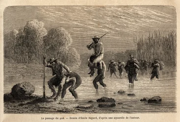 Passagen av gue, Siriniris-indianerna, föreslår spontant att de ska fortsätta expeditionens medlemmar för att få dem att korsa dammarna som bildas vid foten av berget Basiri (Peru). Gravyr för illustrrer le voyage dans les vall