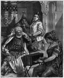Tunisiens befolkning på 1800-talet - lördag kväll i en judisk familj i Tunis - gravyr av Castelli i "" journal des voyages""" 1884