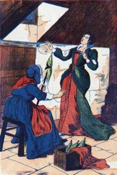 Prinsessan sticker hål i sin hand och somnar. Anonym illustration för "La belle au bois dormant", berättelse av Charles Perrault (1628-1703), fransk författare. Bildspråk Marcel Vagne, Jarville Nancy, odaterad (slutet av 1800-talet).