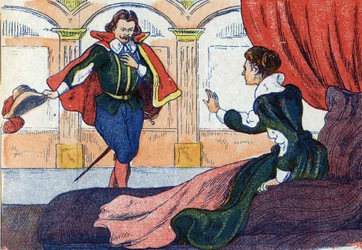 Prinsessan vaknar. Illustration till "La belle au bois dormant", berättelse av Charles Perrault (1628-1703), fransk författare. Anonym illustration. Bildspråk Marcel Vagne, Jarville Nancy, odaterad (slutet av 1800-talet).