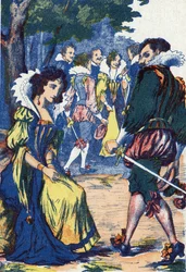 Prinsessans dårskap satte hovmännen undan. Anonym illustration till "Riquet à la houppe", berättelse av Charles Perrault (1628-1703), fransk författare. Bildspråk Marcel Vagne, Jarville Nancy, odaterad (slutet av 1800-talet).