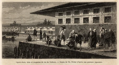 Kajen och lagren av risbutiker i Taikoun (tidens suverän av Japan), vid Ogawafloden (som korsar Edo, dagens Tokyo). Gravyr för att illustrera resan till Japan, av Aime Humbert, minister för Schweiziska edsförbundet, 1863-1864, publicerar