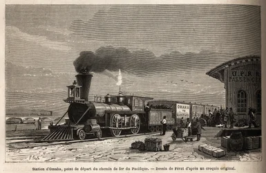 Järnvägen har Omaha Station (Nebraska), startpunkten för de linjer som leder till Stilla havet. Gravyr för illustration av resan till amerikanska fjärran västern, av M. L. Simonin, 1867, publicerad i "Le tour du monde, nouveau journal des voyages", rediger