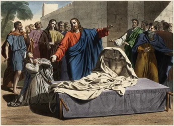 Uppväckandet av änkan i Nains son: Jesus Kristus uppväcker änkans ende son. Gravyr från mitten av 1800-talet.