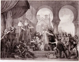 Christopher Columbus återkomst till Spanien före kung Ferdinand II av Aragon och Isabella 1:a av Kastilien (kallad katolik) efter att ha upptäckt Amerika. Gravyr av 1800-talet.