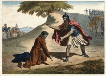 Jakobs återkomst och hans möte med Esau - Jakob återvänder till Kanaans land med sina fruar och barn: han träffar sin bror Esau. Gravyr från hälften av 1800-talet.