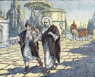 Aposteln Petrus återkomst till Rom från Asien efter kejsar Claudius död, i början av Neros regeringstid omkring år 54 (Aposteln Petrus återkomst till Rom från Asien efter kejsar Claudius död, 54 e.Kr.) Illustration från "Le pe