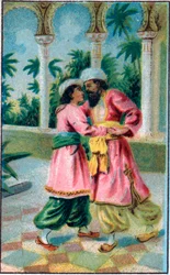 Prinsens återkomst. Saga "" Berättelsen om den förtrollade hästen""" i "" De tusen och en natt""" (de 1001 nätterna eller Le mille e una notte, Arabian Nights). Kromolitografi från slutet av 1800-talet.