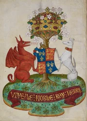 Henry VII:s kungliga vapen i England stöds av en vit vinthund och en röd drake