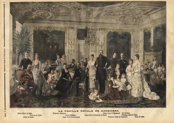Den danska kungafamiljen, som sitter i centrum, drottning Louise av Hessen-Kassel (1817-1898) och kung Christian IX av Danmark (1818-1906) fick smeknamnet "Europas stilige fader" eftersom han gifte flera av sina barn med arvtagare av den stora kungliga f