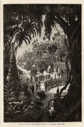 Säsongsfirandet i Luang Prabang, kunglig huvudstad i Lan Xang (miljonelefanternas rike) (dagens Laos), bestående av en procession av invånarna och en pagod för tillbedjan i hela staden. Gravyr för att illustrera en upptäcktsresa