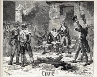Lilles rakskål. En episod från belägringen av Lille 1792 under de franska revolutionskrigen - Siege de Lille 1792: Maes peruk använder en bombsprängare som skäggskål för att raka en klient -