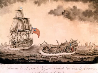 "Hämnarens" skeppsbrott sjönk utanför Brest av den engelska flottan den 1/06/1794. Gravyr sent 1700-tal, början av 1800-talet.