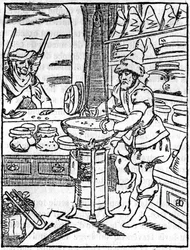 Apotekarens butik och salvor och trolldryckers butik på 1500-talet, frisören tar hand om en kunds hår - I "" Den pittoreska butiken"" 1836