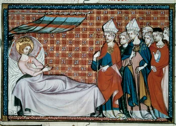 Den sjuke kungen av Frankrike Saint Louis (Louis IX) (1214-1270) tilltalar sina släktingar och prästerskapet. Miniatyr från ett manuskript "Life and Miracles of Saint Louis" av William av Saint Pathus