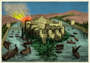 Vikingarnas belägring av Paris år 845 med Ragnar Lodbrok i spetsen, gravyr, 1800-talet