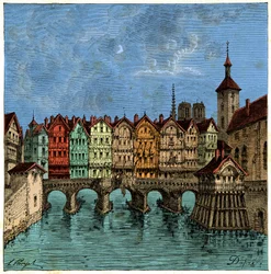 Den lilla bron som senare var Pont au Change i Paris under medeltiden, gravyr 1800-talet