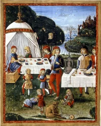 Maximilian Sforzas (1490 - 1530) mellanmål i parken. Miniatyr från ett 1400-talsmanuskript. Milano, Biblioteca Trivulziana.