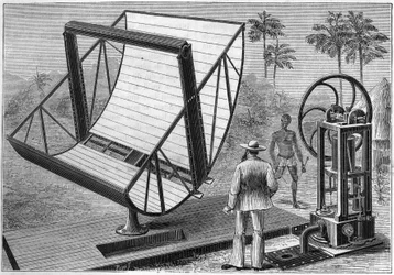Solmaskinen experimenterades 1883 av John Ericsson (1803 -1889), en amerikansk ingenjör av svenskt ursprung, en av fadern till användningen av solenergi. i naturen. Granskning av vetenskaper och deras tillämpningar för konst och industri.””