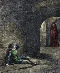 Tornets spöke Fångskedjorna i en fängelsehåla ser ett spöke framför sig. Illustration för "" The tower of london"" av William Harrison Ainsworth 1800-talet