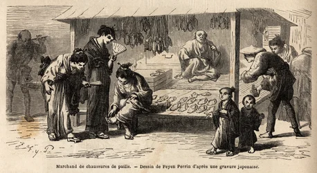 Stämpeln från en halmskohandlare, med olika kunder, en kvinna som provar ett par med sina vänner och en pappa som tar hand om sitt barn. Gravyr för att illustrera resan till Japan, 1863-1864, av Aime Humbert, minister för Schweiziska edsförbundet