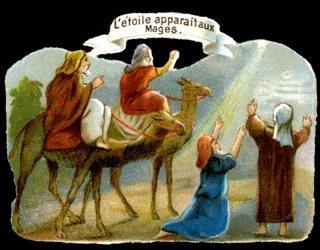 Stjärnan dyker upp för magierna för att vägleda dem till Kristus. 1800-talets kromolitografi.