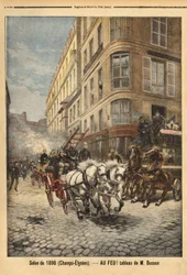 Ångpumpen och fordonen från brandmännen i Paris, enligt en målning av Mr. Busson. Gravyr i "" Le petit journal"" 1896-05-03. Selvas samling.
