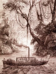 Ångbåten av John Fitch, amerikansk uppfinnare, på Delawarefloden omkring 1791.