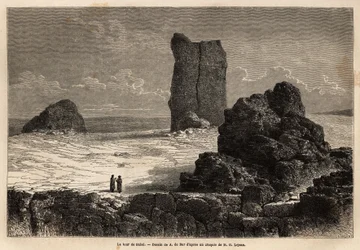 Ruinerna av Birs Nimroud med skyltfönster, som turistsamhället i Bagdad (Irak) vid den tiden identifierar som Babels mytomspunna torn. Engravure pour illustrrer le voyage dans la Babylon, en 1866, av Guillaume Lejean, i "Le tour du monde, nouveau j