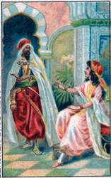 Sultanen och prinsessan. Saga "" Berättelsen om den förtrollade hästen"" i "De tusen och en natt" (de 1001 nätterna eller Le mille e una notte, Arabiska nätter). Kromolitografi från slutet av 1800-talet.