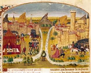 Överlämnandet av en stad i Mesopotamien Miniatyr hämtad från "" Faktaboken om Alexander den Store"" av Quintus Curtius Rufus (Quinte Curce) (1:a århundradet), omkring 1468. (Ms 1335) Reims. Kommunbiblioteket