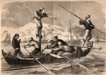 Svärdfisken harpunfiske (pesce spada, svärdfisk) på Siciliens kust i Italien 1862. Gravyr i "Le Monde illustrious"" från 1862. Privat samling.