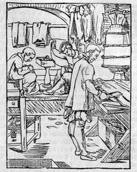 Skräddarverkstaden på 1500-talet, skärning av tyger - I "" Den pittoreska butiken"" 1836