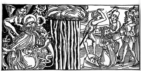 Frestelserna av Sankt Antonius den Store (eller Sankt Antonius Eremiten eller Sankt Antonius Abbe), och till höger hans martyrskap efter. Gravyr från "Leben der Heiligen - sommerteil" (Helgonets bok) av Jacobus (James) av Voragine (1228-1298). L