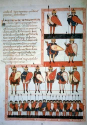 Apokalypsens tio kungar vapen av spjut och sköldar med sina trupper. Miniatyr i "" Beatus de Liebana, Commentary on the Apocalypse"" (Folio 193), av Stephanus Garcia