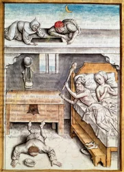 Tjuven som bröt sig in i ett hus straffas Miniatyr från en tysk översättning av fablerna om "Kalila (Calila) och Dimna" av Bidpai. (ms. 1389, fol. 4) omkring 1480 Chantilly, museum Conde