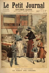 Tiden för körsbär, promenader köpman på gatorna i Paris. Gravyr i "" Le petit journal"" 1895-06-09. Selvas samling.