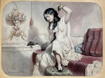 Toaletten. En kvinna i ett badrum nära hennes badkar är på väg att ta ett bad. Illustration av 1800-talet. Paris, Dekorativ konst