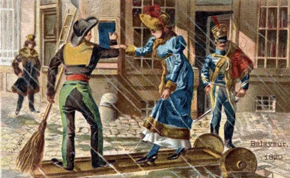 Handeln med sopmaskin 1820: en sopmaskin som hjälper en ung kvinna att korsa en pöl.