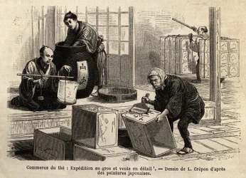 Handeln med te: grossist- och detaljhandelsfrakt. Gravyr för att illustrera resan till Japan, av Aime Humbert, minister för Schweiziska edsförbundet, 1863-1864, publicerad i "" Le tour du monde""" 1869, redigerad av Edouard Charton, upplaga Hachette, Par