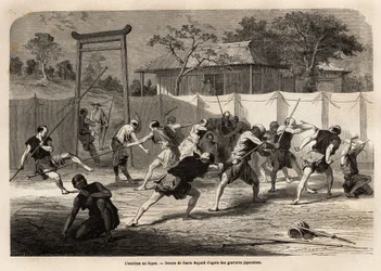 Träning av japanska krigare i strid med svärd och spjut, i en slags arena omgiven av sträckt duk. Gravyr för att illustrera resan till Japan, 1863-1864, av Aime Humbert, minister för Schweiziska edsförbundet, i "" Le tour du monde, nouveau