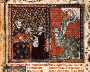 Översättarmunken presenterar sin bok för kung Filip III av Frankrike som kallas den djärve (1270-1285). Miniatyr hämtad från The Christian Doctrine, av St. Augustine (?)