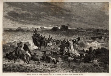 Transporten av kung Ahmadous armé på Nigerfloden under regnperioden orsakade honom många skeppsvrak och många förluster av hästar. Gravyr för att illustrera resan till västra Sudan av löjtnant (marinen) M. Mage, 1863-1866, publicerad i "Le tour d
